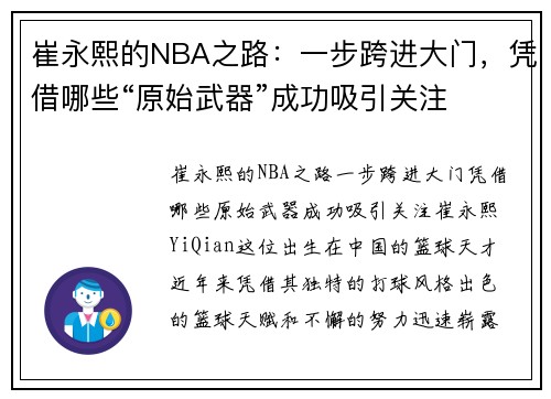 崔永熙的NBA之路：一步跨进大门，凭借哪些“原始武器”成功吸引关注