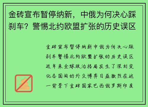 金砖宣布暂停纳新，中俄为何决心踩刹车？警惕北约欧盟扩张的历史误区